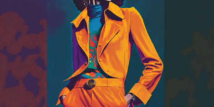 Person wearing a brightly colored jumpsuit with wide legged pants and collared shirt reflecting the bold fashion of 70s, concept of Retro clothing