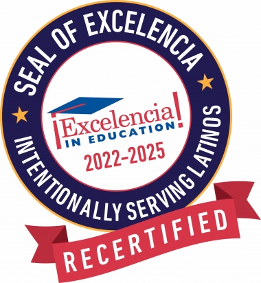 The Excelencia Seal logo in red, black and blue, with Recertified in a red ribbon below