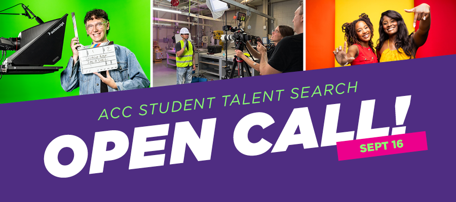 Image showing three photos of students who are ACCTV hosts. Banner reads ACC Talent Search Open Call Sept 16